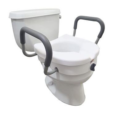 The Carex E-Z Lock 5" Raised Toilet Seat with adjustable armrests is a white accessibility aid featuring a height boost and two gray, padded locking arms for support and safety; supports up to 300 lbs.