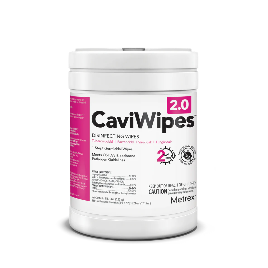 A white canister of CaviWipes™ 2.0 Surface Disinfectant - Large, with a pink and white label, kills bacteria, viruses, and fungi. Ideal for healthcare cleaning with usage instructions and Metrex branding at the bottom.