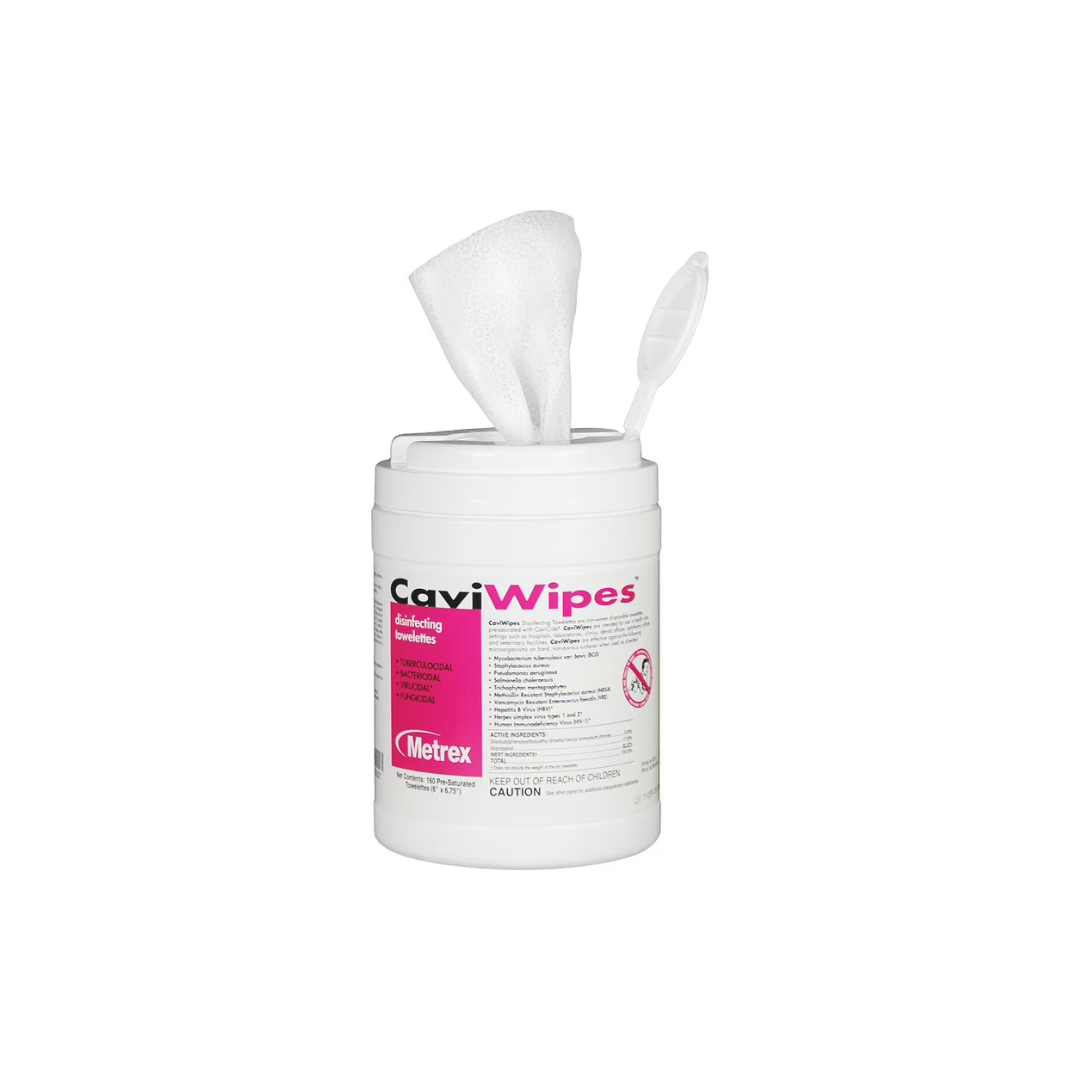 A white canister of CaviWipes™ Surface Disinfectant Large Canister with a pink label, open lid, and a wipe partially pulled out. The Metrex product label displays caution information.
