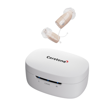 A pair of beige Ceretone Core One Pro Hearing Aids - Invisible-In-Canal rest above a white charging case with LED indicators and labeled compartments for the left and right devices.