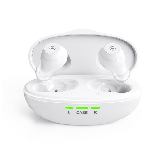 A pair of white Ceretone Fusion In-The-Ear OTC Hearing Aids sit in an open charging case featuring three green LEDs labeled L, CASE, and R on the front.