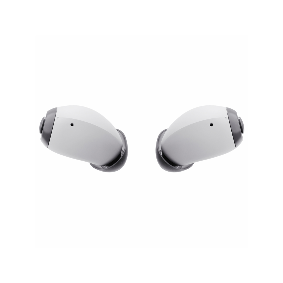 A pair of Ceretone Style In-Ear OTC Hearing Aids in white and gray face each other on a plain white background, showcasing their sleek design and advanced features.