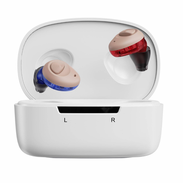 A pair of Ceretone Torch In-Ear Hearing Aids with beige topsāone blue, one redāsit in a white charging case marked āLā and āR,ā delivering clear sound on the go.