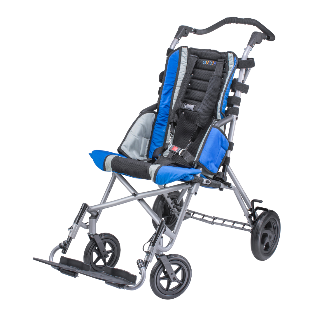 The Circle Specialty Strive EZ Adaptive Stroller is a blue and black pediatric wheelchair with a lightweight frame, adjustable seat depth, reclining seat, safety harness, footrests, and large rear wheels for mobility assistance.