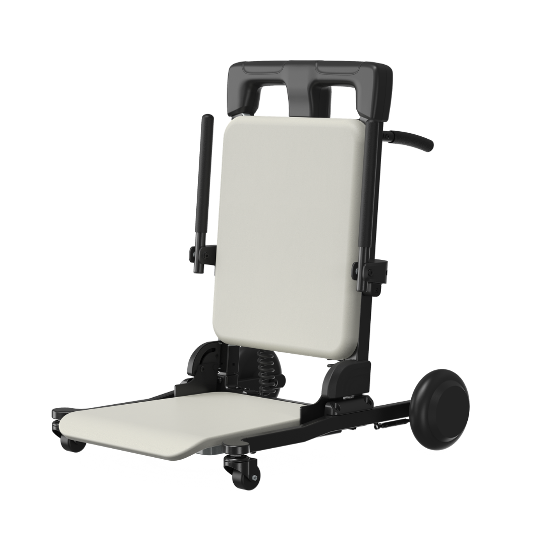 A compact, foldable, wheeled seat with a padded backrest and handles, the Combo-Perior Floor Lift & Transfer System | VOCIC AX36 is designed for easy transport and use, serving as a versatile mobility aid or transfer chair.