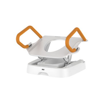 White medical commode chair featuring orange handlebars, an open seat, and an adjustable base, designed for assisted toileting and compatible with the Comfort Steady Powered Toilet Seat Lifter | VOCIC AX12 system.