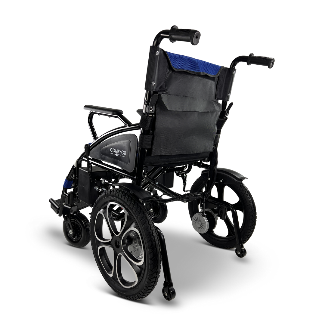 The ComfyGO 6011 Folding Electric Wheelchair is a portable, FAA-approved wheelchair in black and blue with large rear wheels, small front casters, ergonomic handlebars, and a cushioned backrest. It offers sleek design and convenience for stylish journeys.