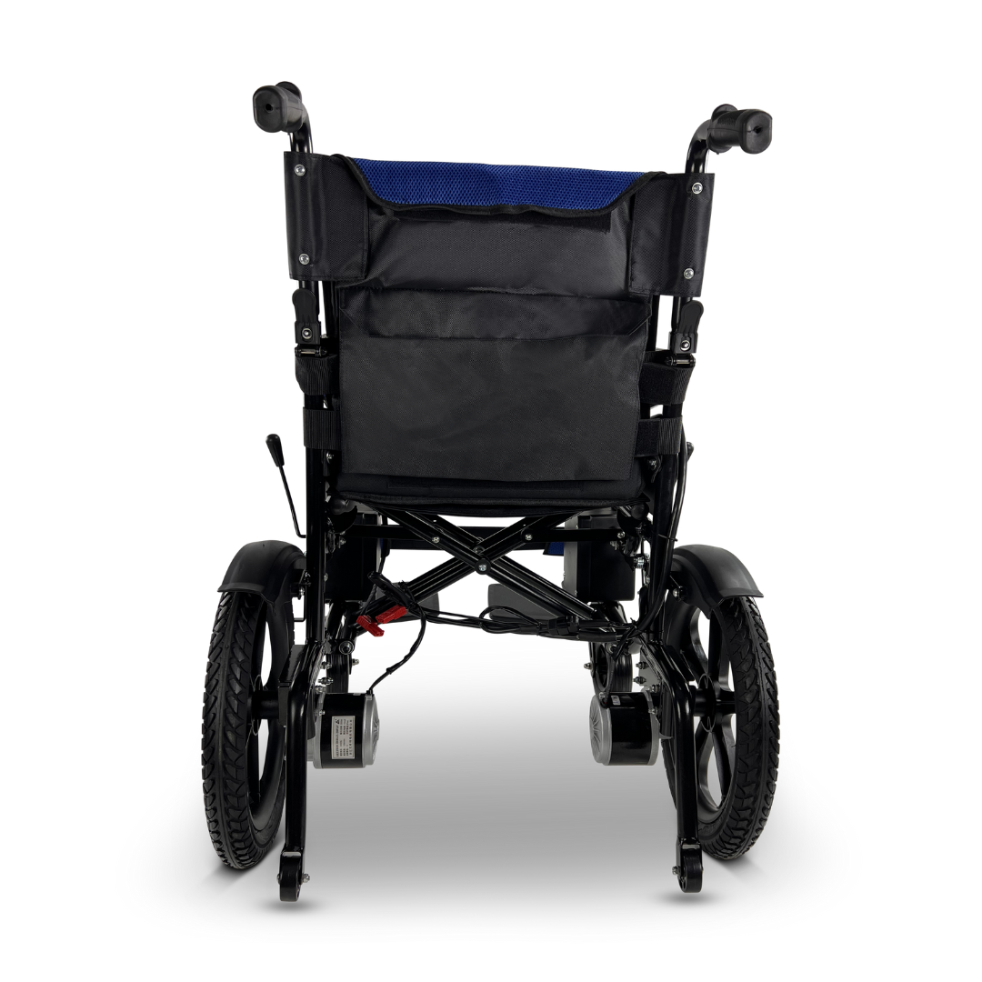 The ComfyGO 6011 Folding Electric Wheelchair boasts a sleek design with large rear wheels, smaller front wheels, and a lightweight frame. It features a blue backrest, black seat, visible handles and footrests, and an easily portable foldable design. FAA approved for travel convenience.