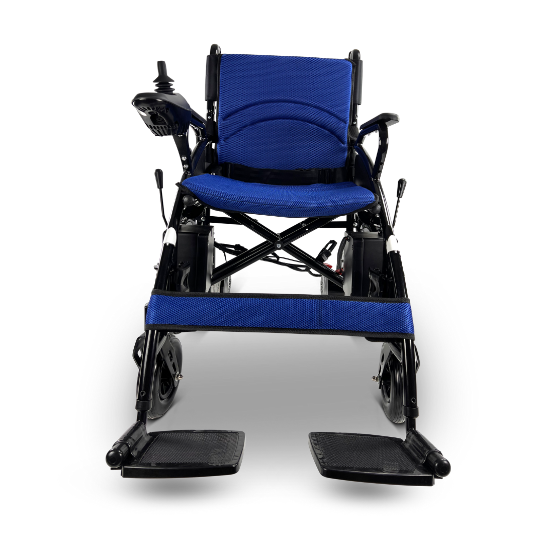 The ComfyGO 6011 Folding Electric Wheelchair, in blue, is lightweight and foldable, featuring footrests and a joystick control on the armrest. It is showcased against a plain white background.