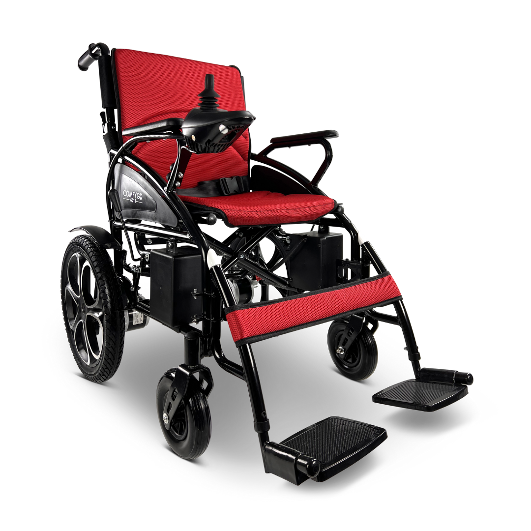 The ComfyGO 6011 Folding Electric Wheelchair is Portable & FAA Approved with Red cushion