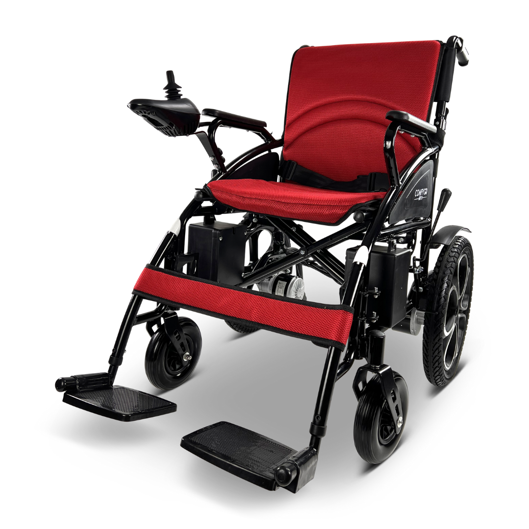 The ComfyGO 6011 Folding Electric Wheelchair is a lightweight, portable wheelchair with red and black colors. It features padded armrests, adjustable footrests, left-armrest joystick control, and sturdy wheels for easy mobility. FAA approved for convenient travel.