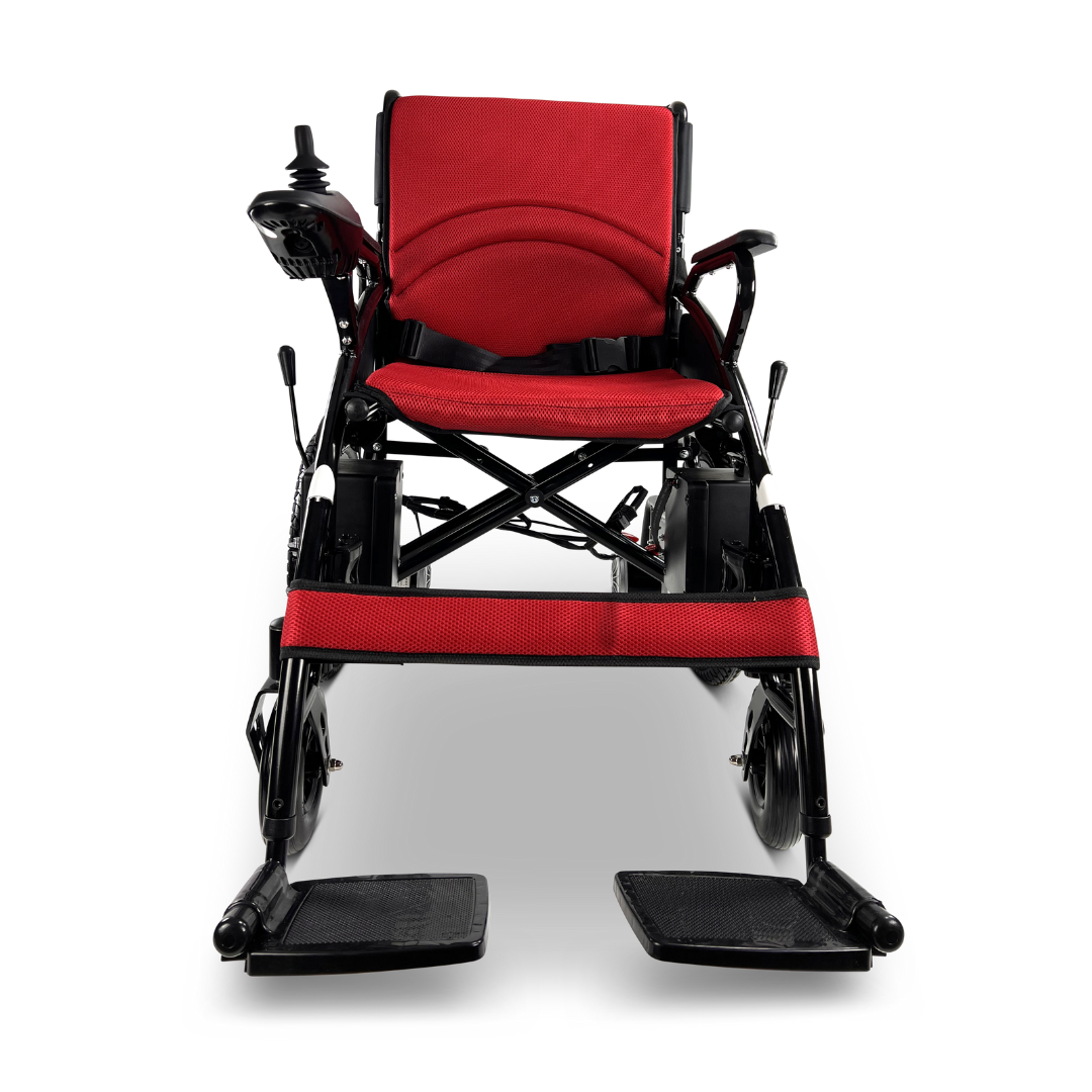 The ComfyGO 6011 Folding Electric Wheelchair is red and black with a joystick control on the armrest. It features a padded seat, front footrests, and a lightweight yet sturdy frame, ensuring comfortable mobility. Its portable and FAA approved.
