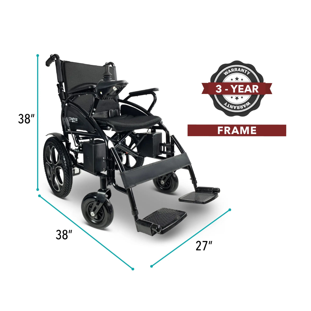The ComfyGO 6011 Folding Electric Wheelchair is a sleek, black, lightweight, foldable design with footrests, measuring 38x38x27. It features a prominent badge highlighting a 3-year frame warranty.