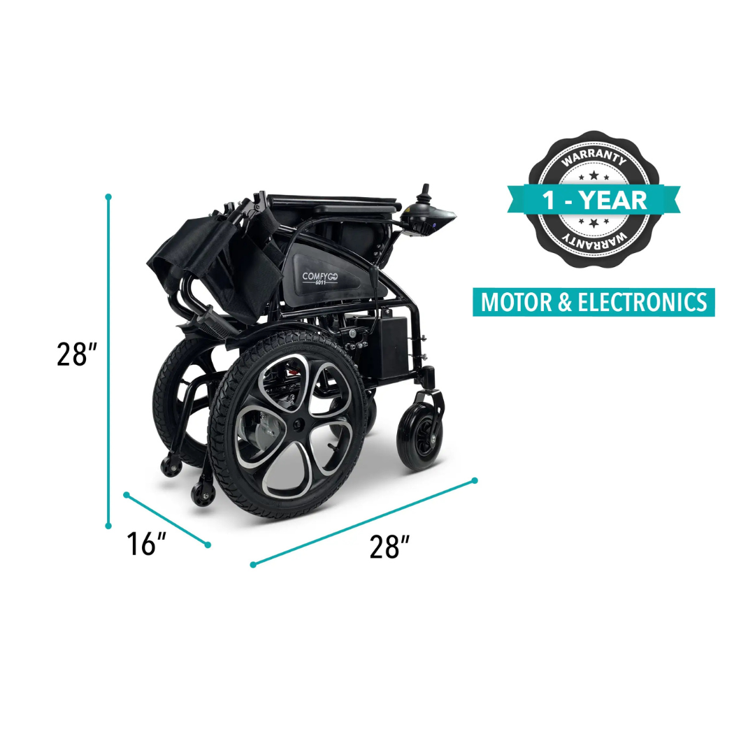 The ComfyGO 6011 Folding Electric Wheelchair, lightweight and black, features a sturdy frame with large wheels for reliable transport. Its foldable to 28x16x28, comes with a 1-year warranty on the motor and electronics, and is portable & FAA approved.