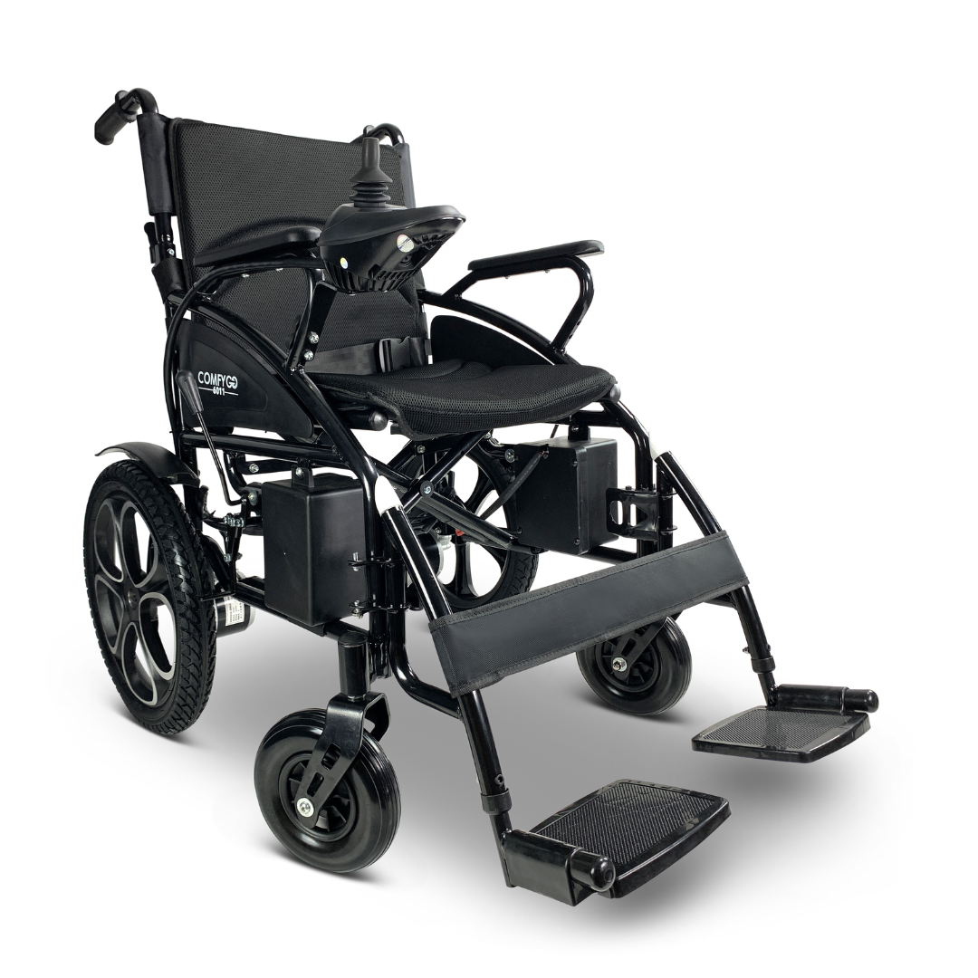 The ComfyGO 6011 Folding Electric Wheelchair is a sleek, lightweight, black wheelchair with cushioned seating, armrests, and footrests. It features joystick control on the armrest and has large rear wheels with smaller front wheels for daily use. Plus, its portable and FAA approved.