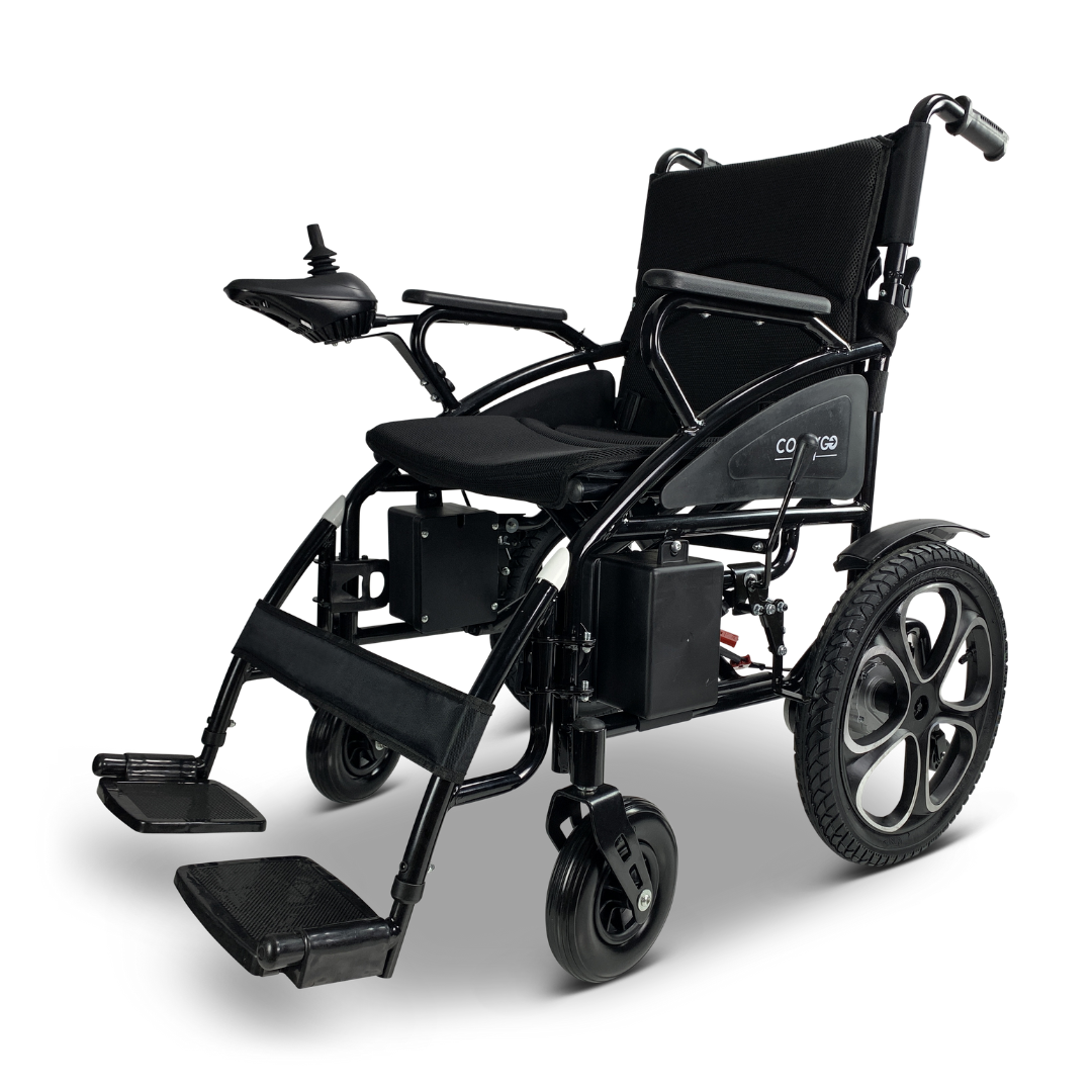 The ComfyGO 6011 Folding Electric Wheelchair features a black frame and seat, joystick control on the armrest, large rear wheels, front casters, footrests, and a lightweight yet sturdy design for improved mobility and comfort. Its portable and FAA approved.