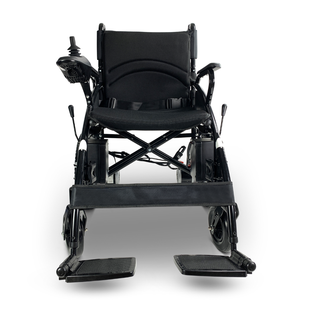 Front view of the ComfyGO 6011 Folding Electric Wheelchair, lightweight and portable, in black with padded seating, armrests, and foldable footrests. It features joystick control on the right armrest and a sturdy, compact design. FAA Approved.