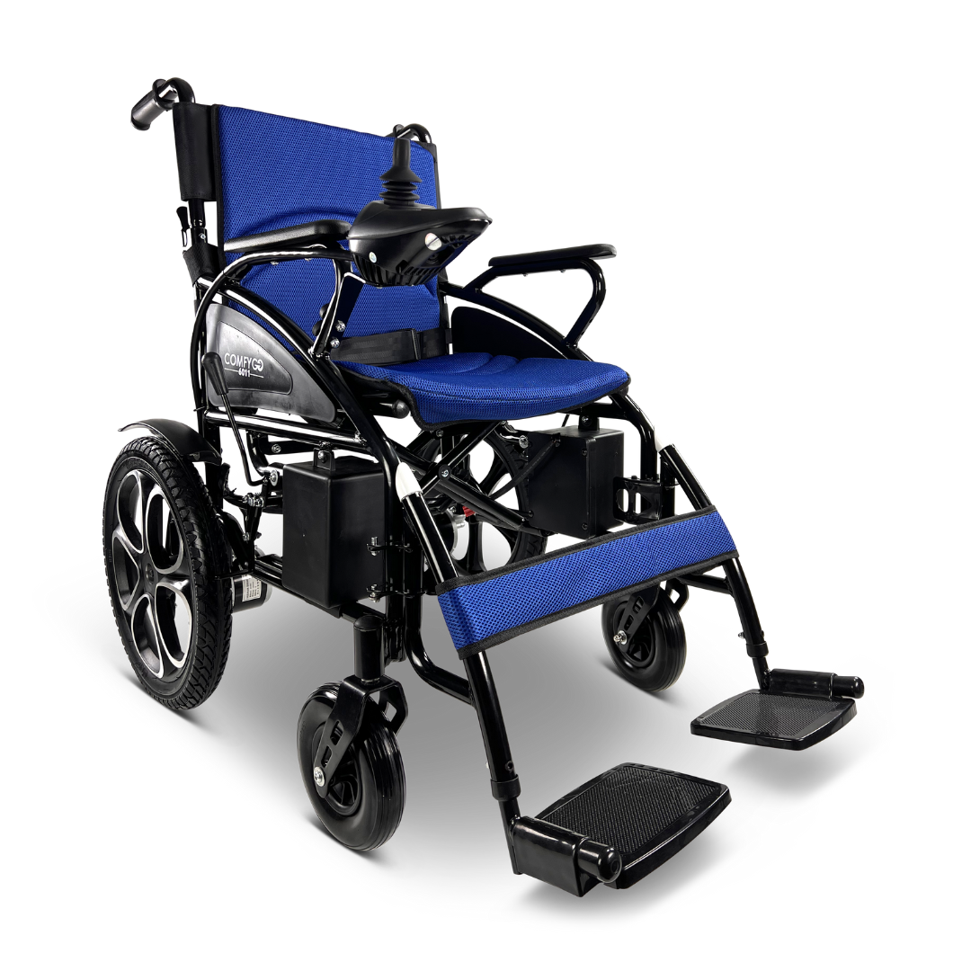 The ComfyGO 6011 Folding Electric Wheelchair is Portable & FAA Approved with Blue cushion