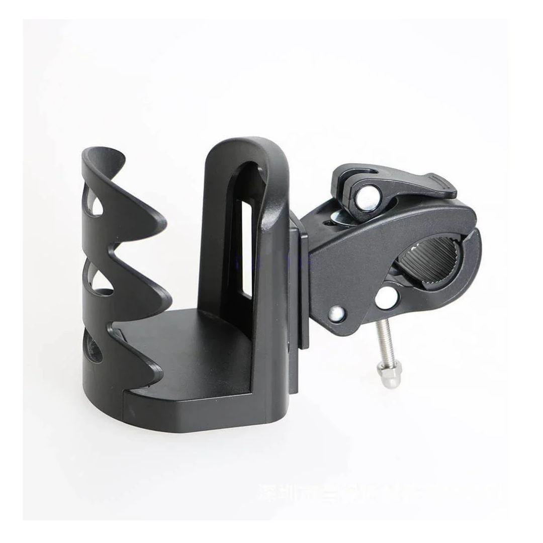 The ComfyGO Cup & Beverage Holder is a stylish black bicycle accessory featuring a spiral design for securing cups. It has a bolt-equipped clamp for easy attachment to handlebars or electric wheelchairs, balancing style and practicality on a white background.