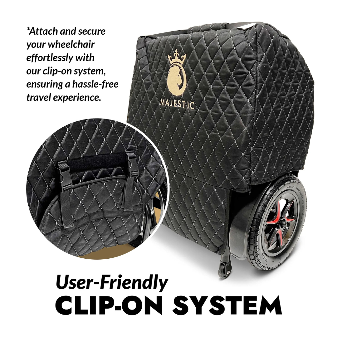 The Comfyo travel storage bag for electric wheelchairs has a user-freindly clip on system