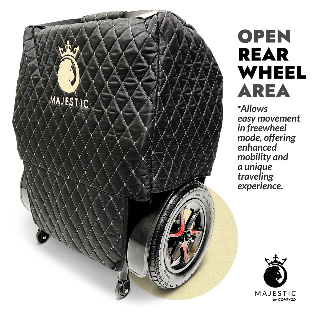 the pen rear wheel area on the comfygo electric wheelchair travel bag allows the user to easily roll the powerchair like a piece of luggage