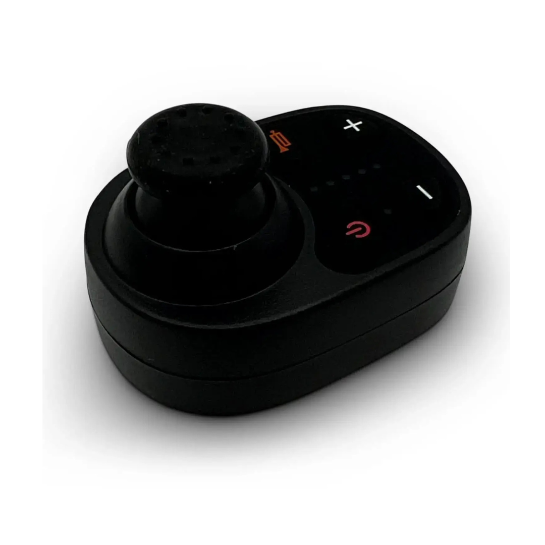 The ComfyGO Caregiver Controller for Electric Wheelchairs is a black electronic device featuring a joystick, power button, plus and minus buttons, and a battery icon, shown on a white background.