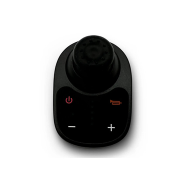 The ComfyGO Caregiver Controller for Electric Wheelchairs is a black device with a top round dial, red power button, orange mute icon, and plus/minus volume controls on its flat surface.
