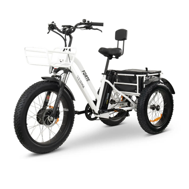 The ComfyGo FORTE Electric Tricycle features thick all-terrain tires, a white frame, front basket, rear passenger seat with backrest, and a cargo rack—ideal for transporting goods or carrying an extra passenger.