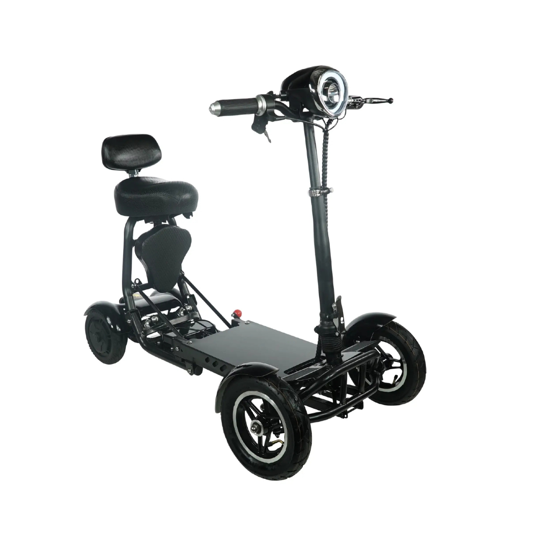 The ComfyGo MS-3000 Foldable Mobility Scooter is a compact, eco-friendly black electric scooter featuring a padded seat and backrest, ideal for urban commuting. It includes a handlebar with headlight and control panel, providing a sturdy personal mobility solution.