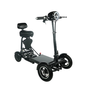 The ComfyGo MS-3000 Foldable Mobility Scooter is a compact, eco-friendly black electric scooter featuring a padded seat and backrest, ideal for urban commuting. It includes a handlebar with headlight and control panel, providing a sturdy personal mobility solution.