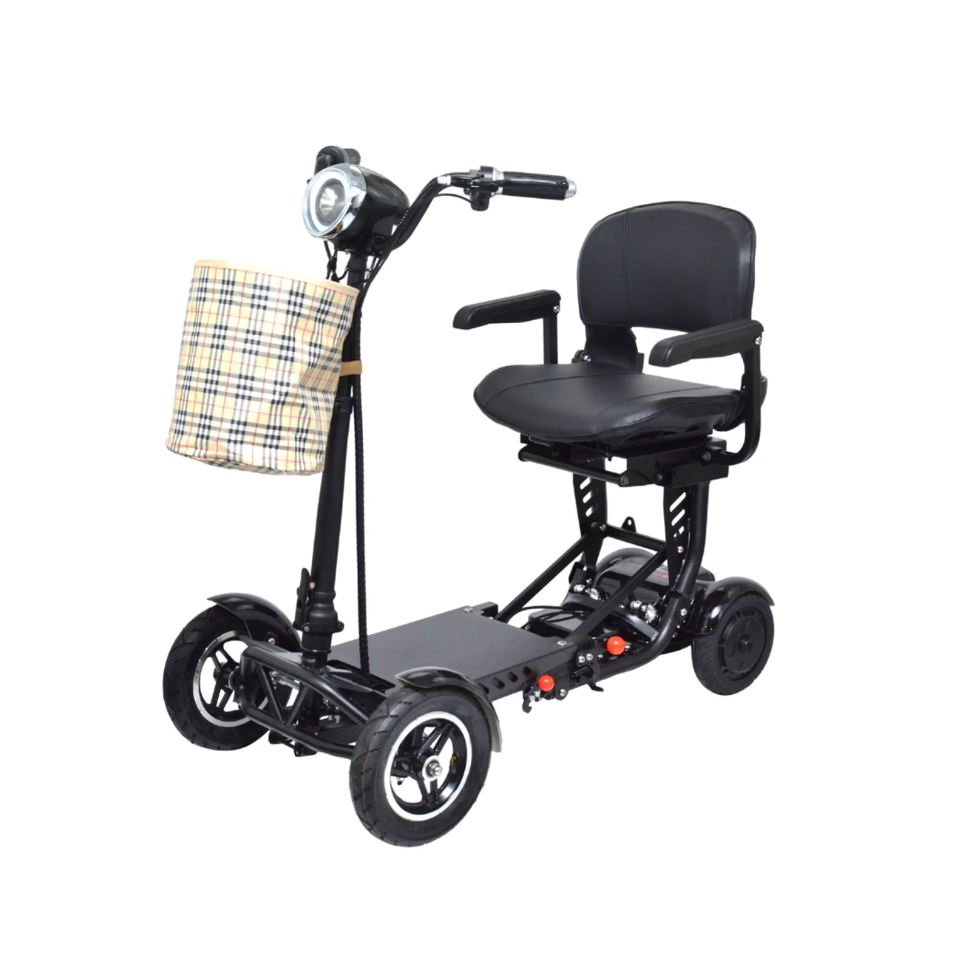 Introducing the ComfyGo MS-3000, a black foldable mobility scooter perfect for urban commuting. With four wheels, cushioned seat and armrests, steering handle with headlight, and checkered basket, its eco-friendly and compact for easy storage.