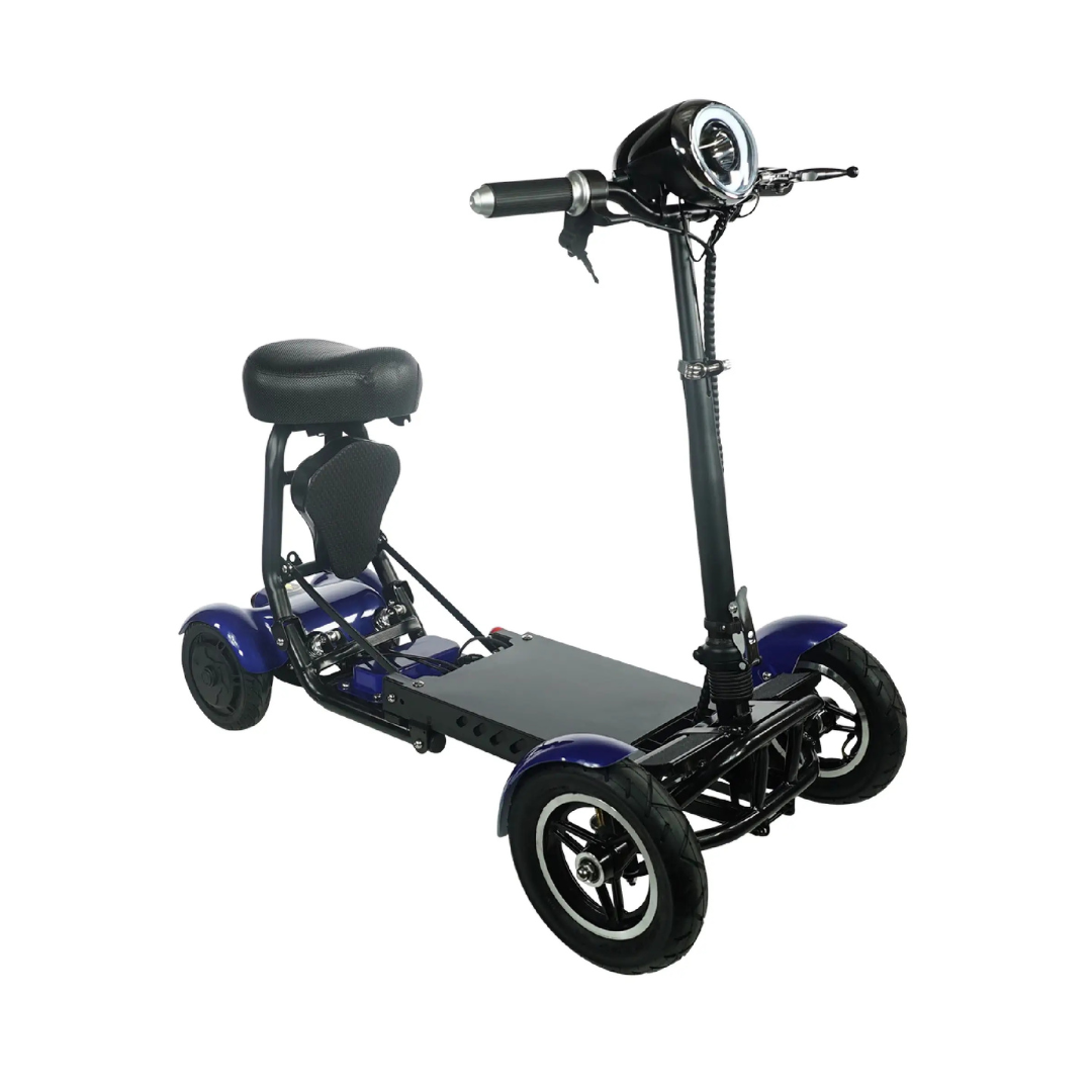 The ComfyGo MS-3000 Foldable Mobility Scooter is a black and blue, eco-friendly four-wheel electric scooter with a cushioned seat, back support, handlebars, a front light, and a flat base for foot placement, offering enhanced urban commuting mobility and comfort.