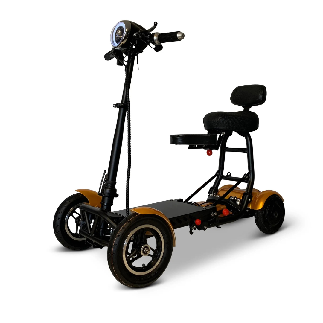 The ComfyGo MS-3000 Foldable Mobility Scooter, in black and gold, offers an eco-friendly urban commuting solution with a seat, handlebar, rearview mirror, headlight, sturdy frame, and three wheels for stability. Its perfect for sustainable transport seekers.