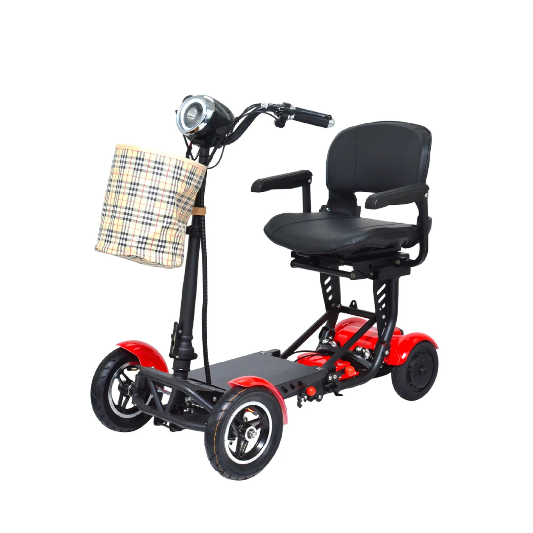 The ComfyGo MS-3000 Foldable Mobility Scooter is an eco-friendly urban commuting solution with four wheels, a black cushioned seat, and a checkered storage basket at the front. It includes handlebars and a headlight for outdoor use and accessibility.