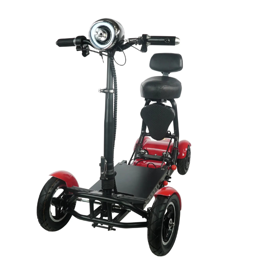 The ComfyGo MS-3000 is a red, foldable mobility scooter with a black seat and large headlight on the handlebars. Ideal for urban commuting, it features a sturdy frame and wide tires for stability and comfort, making it an eco-friendly option.