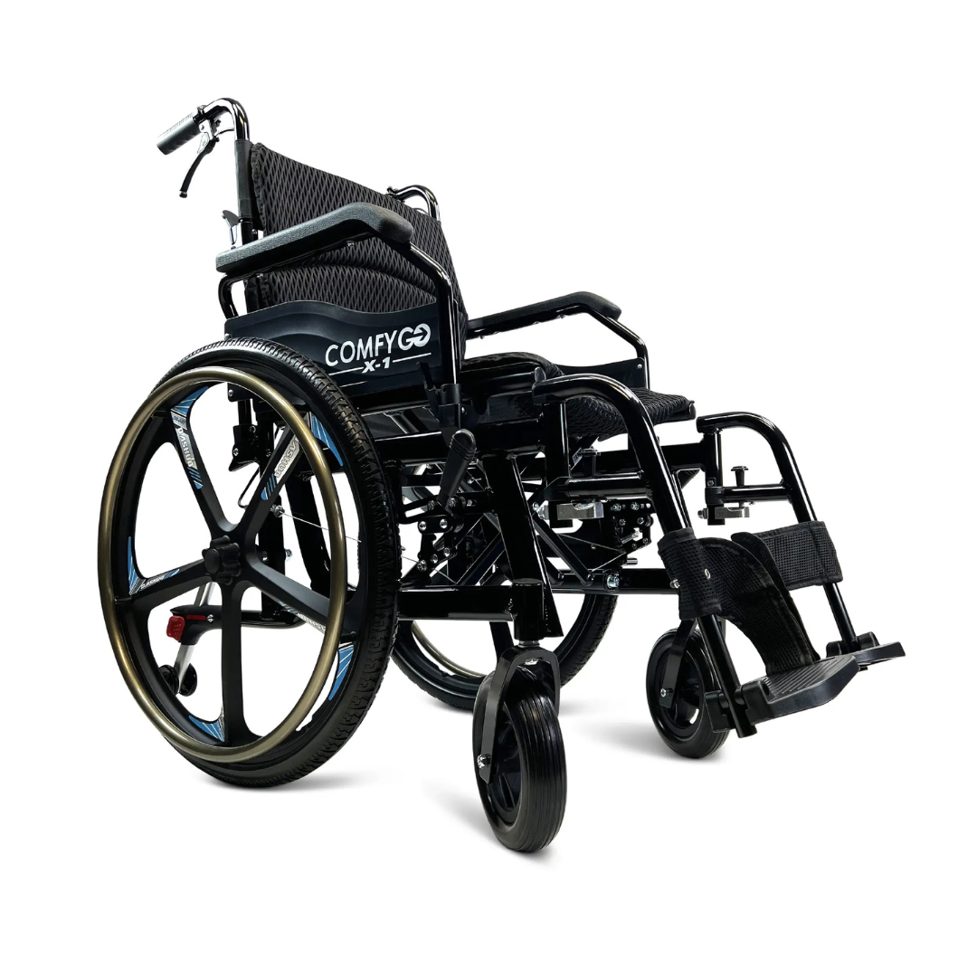 The ComfyGo X-1 Lightweight Manual Wheelchair in black features large rear wheels and smaller front ones for enhanced mobility. Made from durable materials, it offers a solid seat with armrests and footrests, ensuring comfort and reliability on the go.