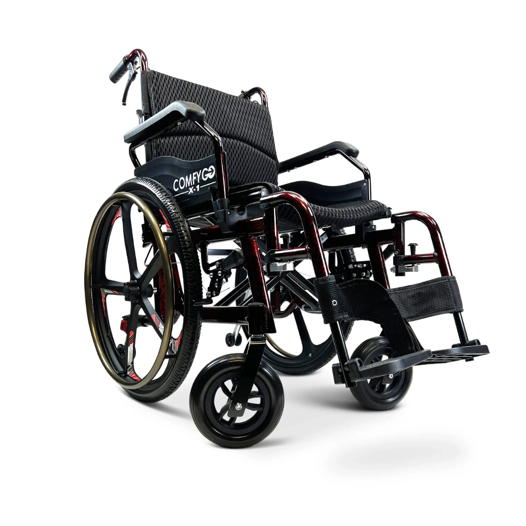 The ComfyGo X-1 is a lightweight manual wheelchair optimized for mobility. Made with durable materials, it features quick-detach wheels, cushioned upholstery, handles, large rear wheels, small front casters, and footrests for comfortable movement in sleek black and red.