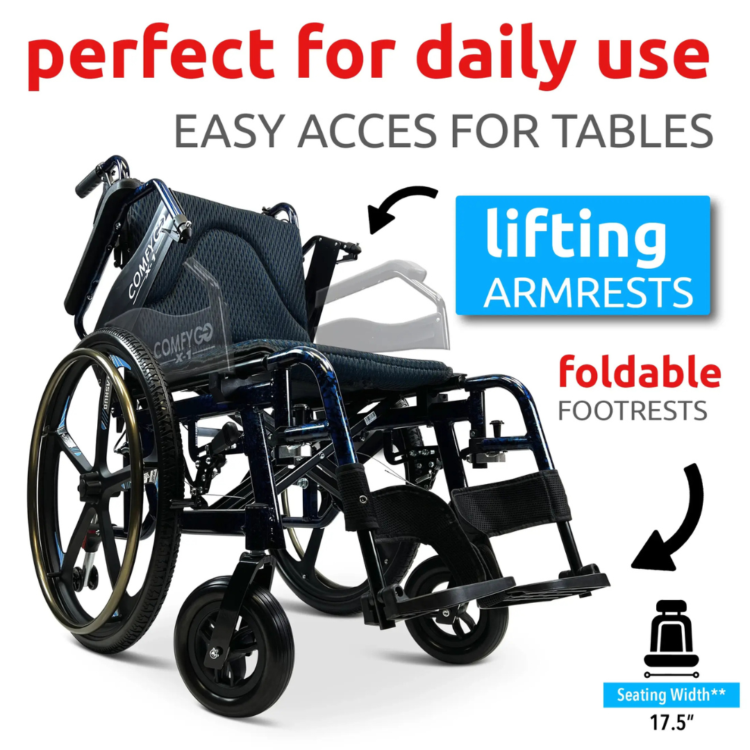 The ComfyGo X-1 Lightweight Manual Wheelchair features folding footrests, lifting armrests, and quick-detach wheels. Made from durable materials, its ideal for daily mobility. With a 17.5-inch seat width, it offers easy access to tables.