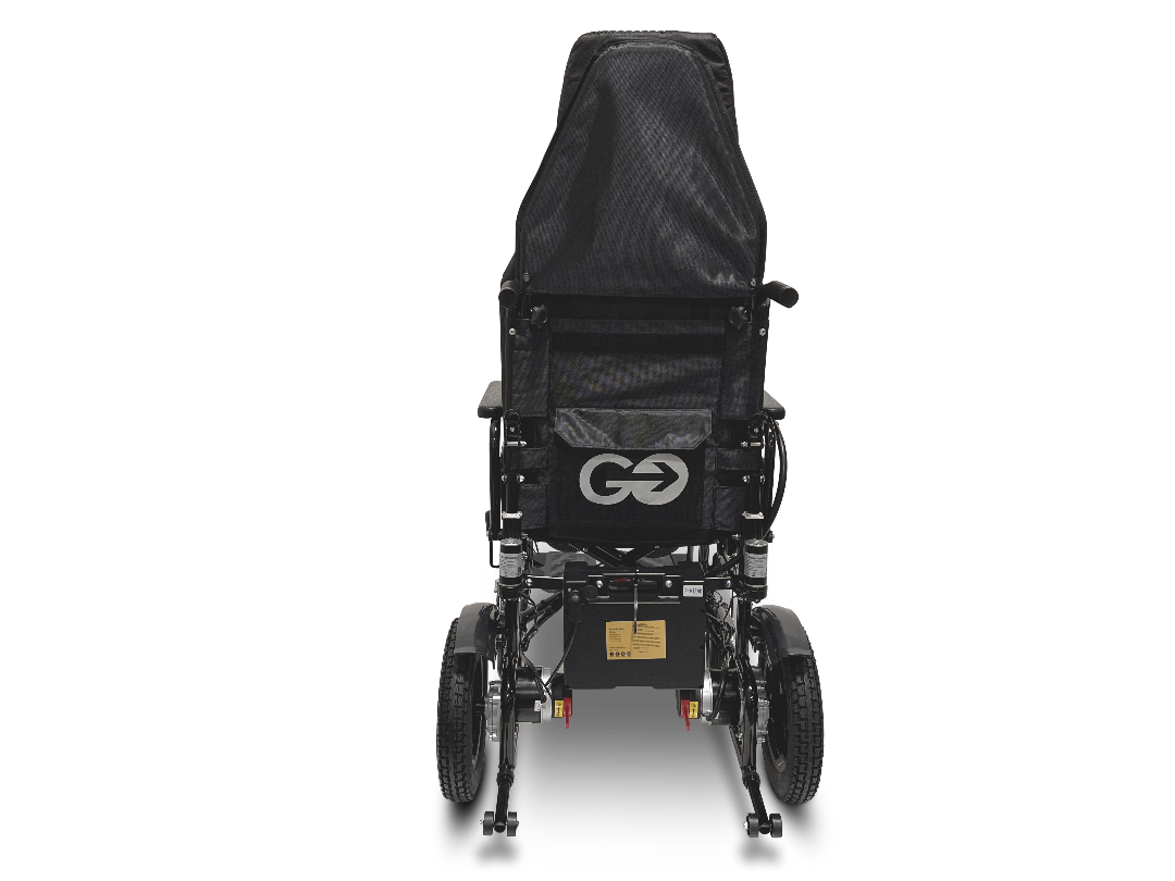 Rear view of the sleek black ComfyGo X-9, a lightweight power wheelchair with mesh backrest and footrests. This minimalistic mobility solution features a logo with arrows on the back panel, small rear wheels, and larger front wheels.