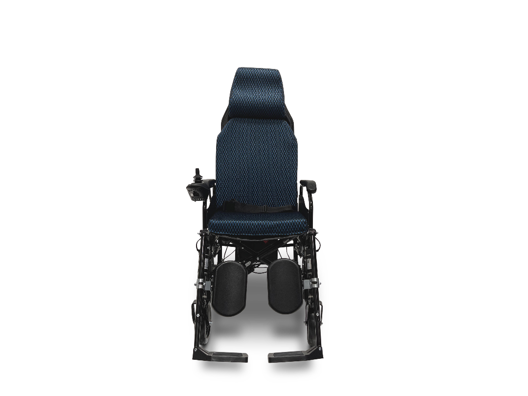 A front view of a ComfyGo X-9 Remote Controlled Powerchair with black and blue cushioned seat and backrest. It features adjustable armrests and footrests, offering a versatile mobility solution against a plain white background.