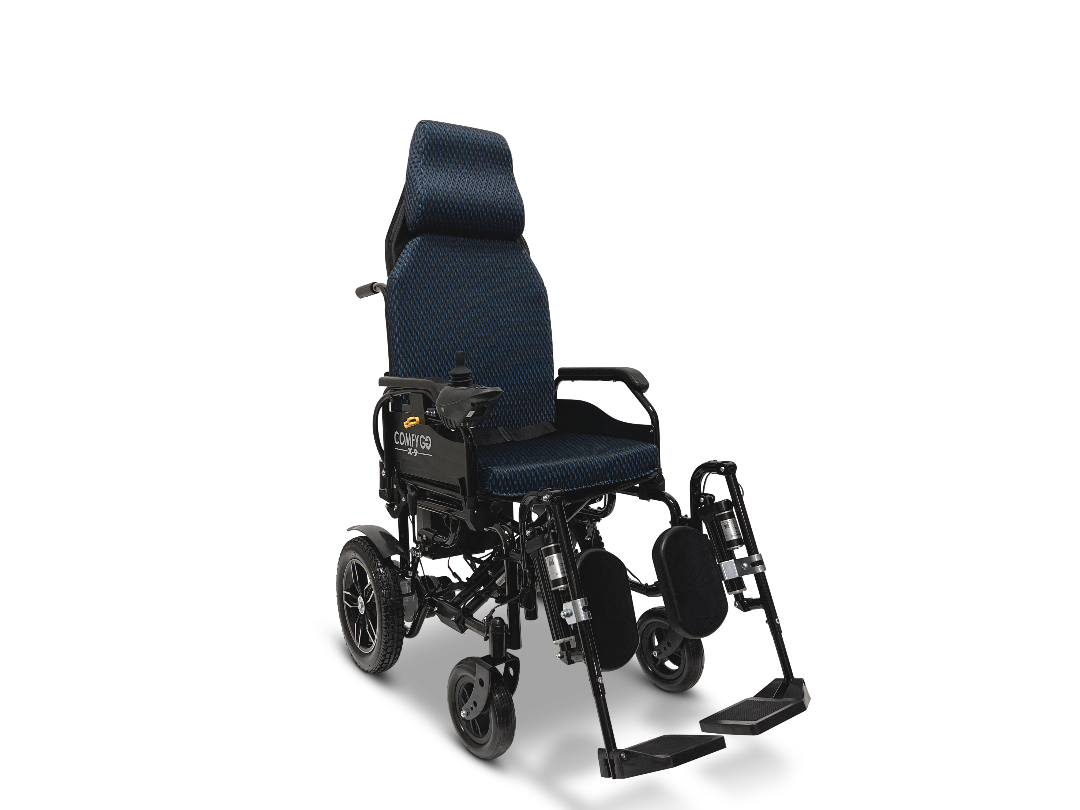 The ComfyGo X-9 Remote Controlled Pwerchair - Automatic Reclining, in blue and black, features a high backrest with head support, armrests, a footrest, and four wheels. Designed for comfort with cushioning and electronic side controls for easy use.