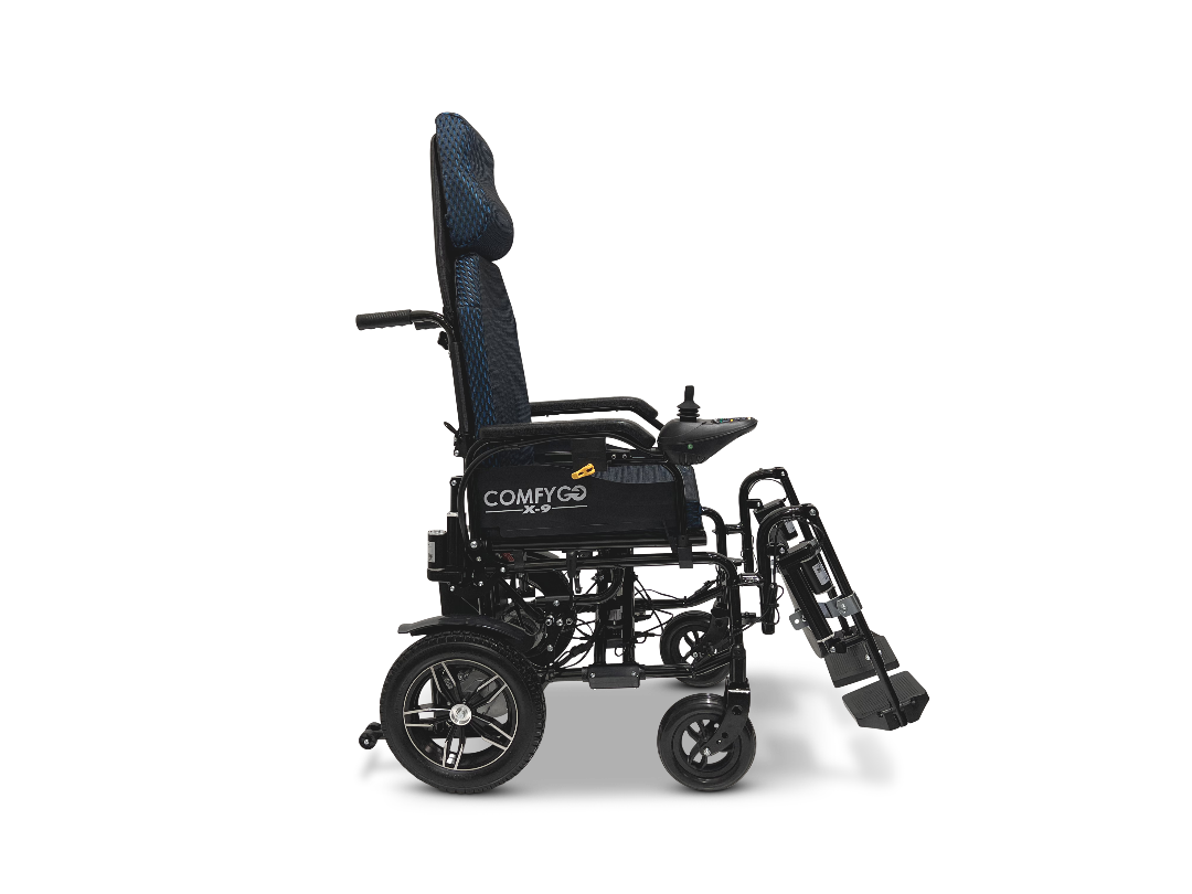 Side view of the sleek ComfyGo X-9 Remote Controlled Powerchair in black, featuring a plush blue seat. This ultimate mobility solution boasts large rear wheels, smaller front wheels, and a foldable footrest for added convenience.