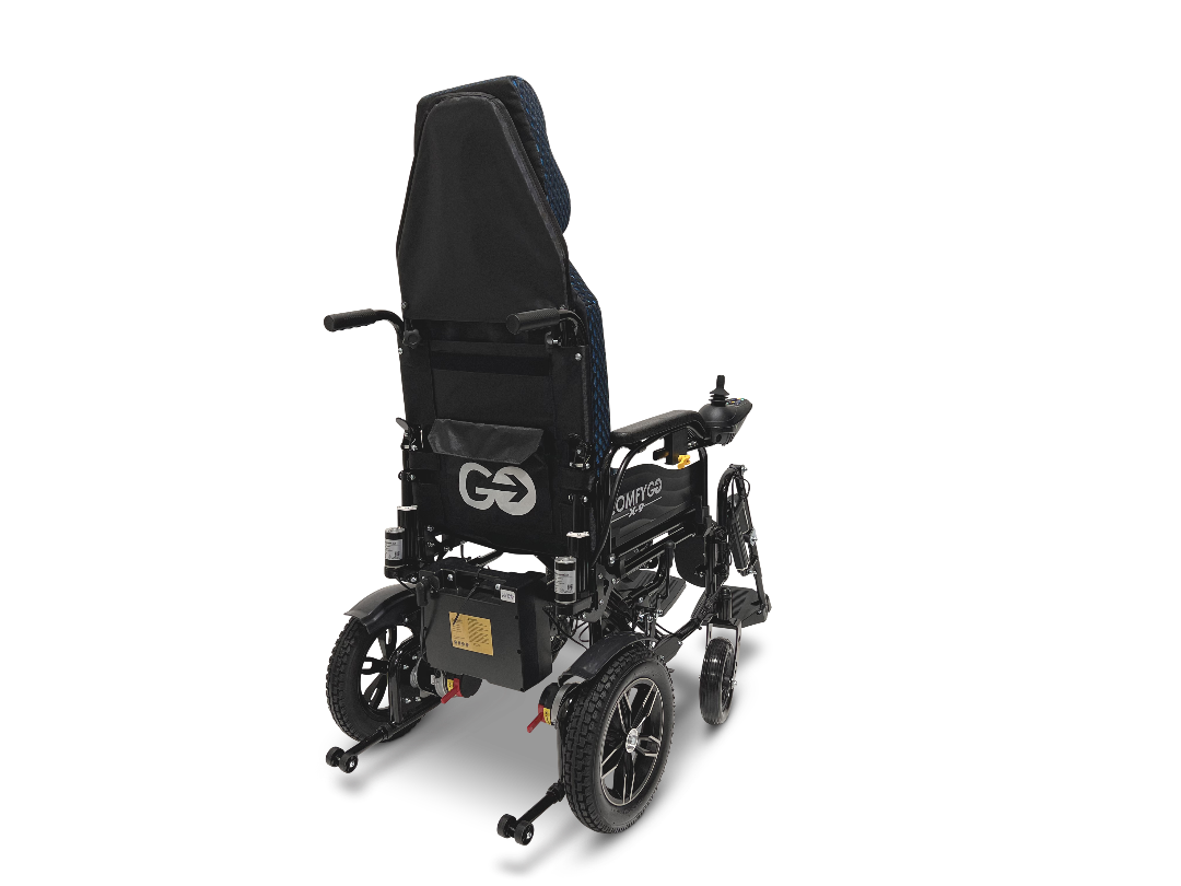 The ComfyGo X-9 Remote Controlled Powerchair, shown from the rear, is black with a high backrest. It has a sturdy design featuring large rear wheels, anti-tip wheels, visible branding on the frame, and a small box under the seat, providing an innovative mobility solution.