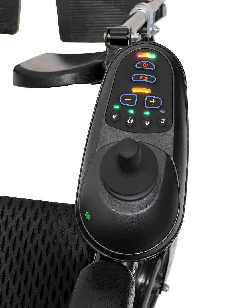 Close-up of the ComfyGo X-9 Powerchairs control panel shows a joystick, buttons with icons, and green, orange, and red indicator lights. The essential mobility solution has black mesh texture seat fabric.