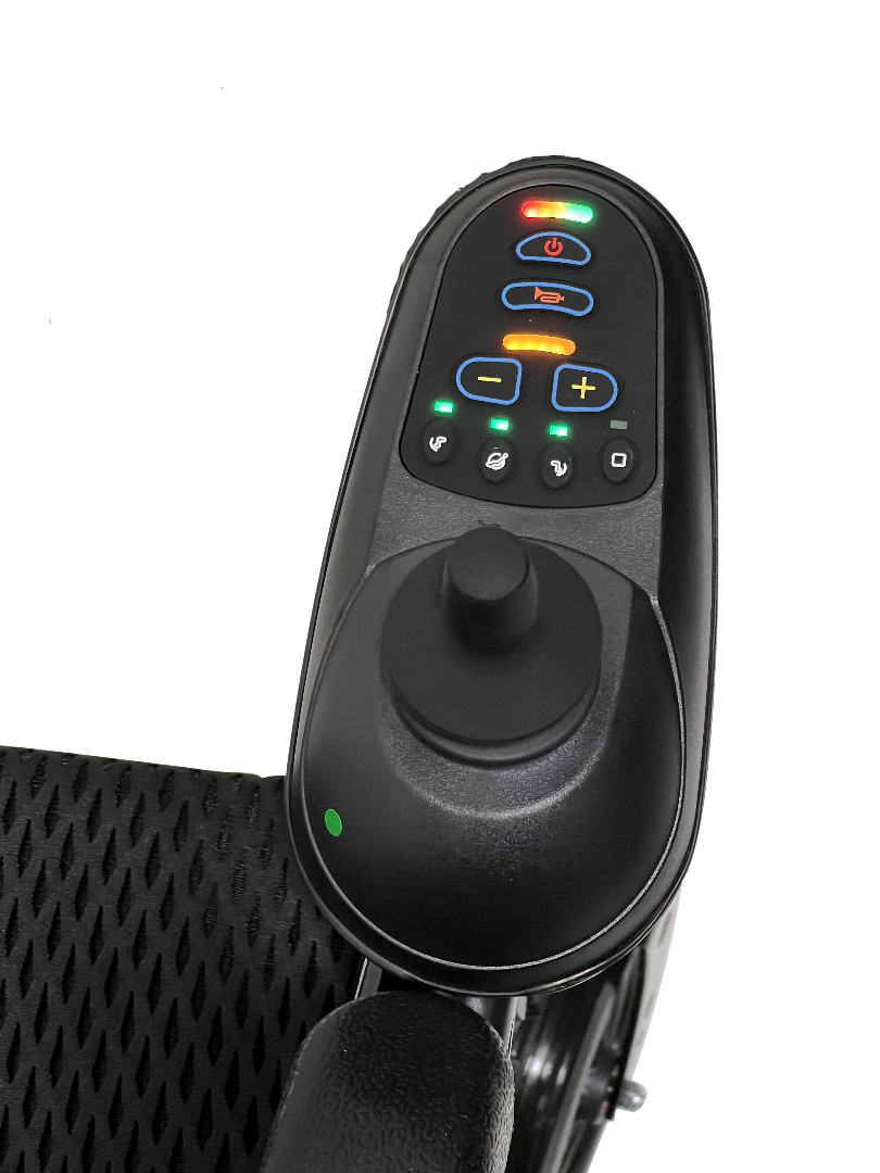 Close-up of a joystick control on the ComfyGo X-9 Remote Controlled Powerchair - Automatic Reclining, featuring buttons for power, speed adjustment, and functions. The sleek black armrest has a perforated design for modern mobility solutions.