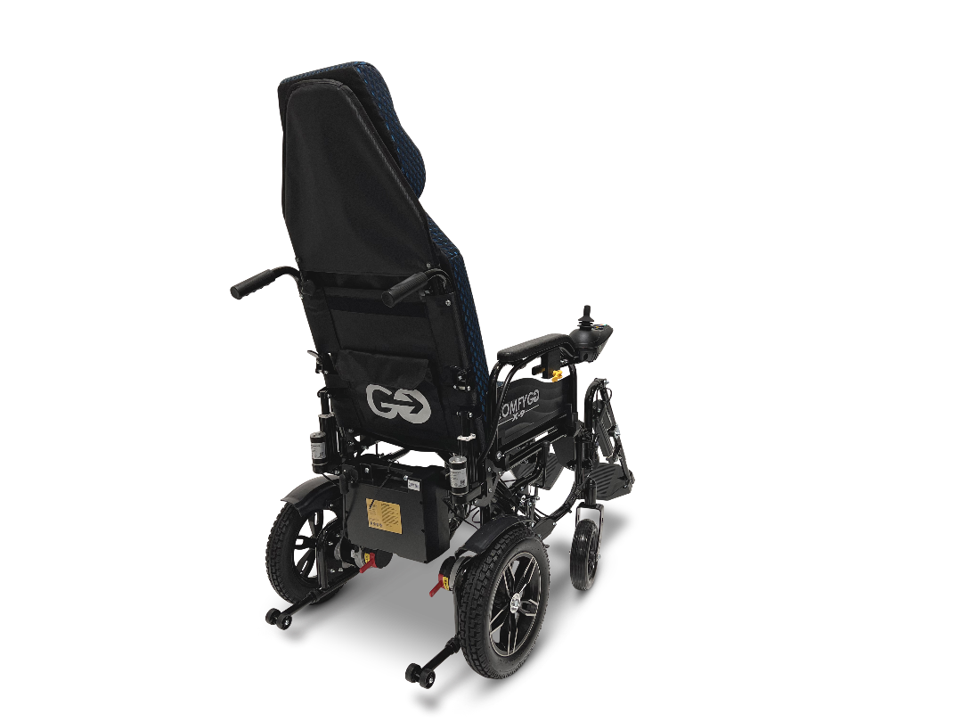 The ComfyGo X-9 Remote Controlled Powerchair is depicted from the rear, showcasing a sleek black design with a padded seat and backrest. It features large rear wheels, small front wheels, a right armrest control panel, visible branding on the frame, and offers a compact mobility solution.