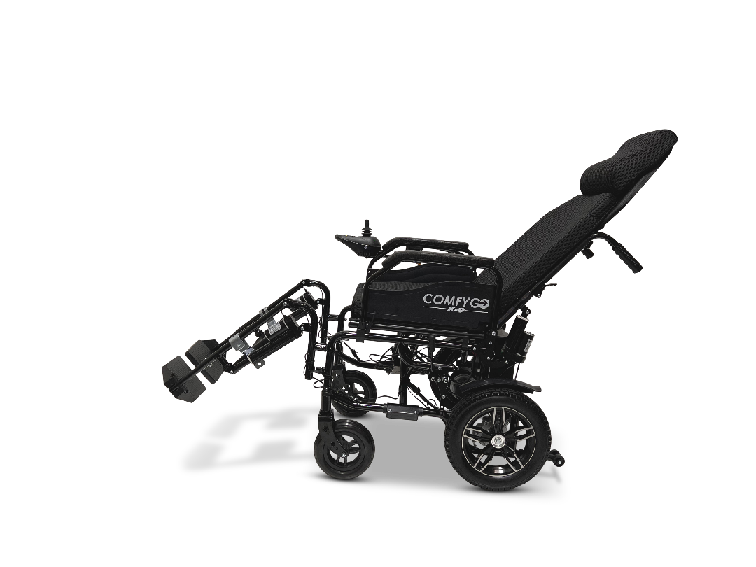 Elevate your mobility with the ComfyGo X-9 Remote Controlled Powerchair. Its automatic reclining, footrests, and sleek black frame ensure comfort and style. The cushioned seat offers relaxation, while the ComfyGo brand guarantees quality.