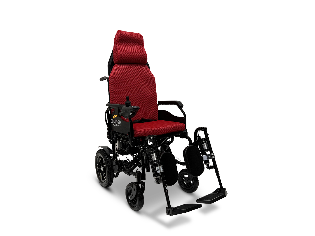Discover the ultimate mobility with the ComfyGo X-9 Remote Controlled Powerchair, boasting a red cushioned seat and modern black frame accents. It features adjustable footrests, armrests, automatic reclining, and an arm-mounted controller for easy navigation.
