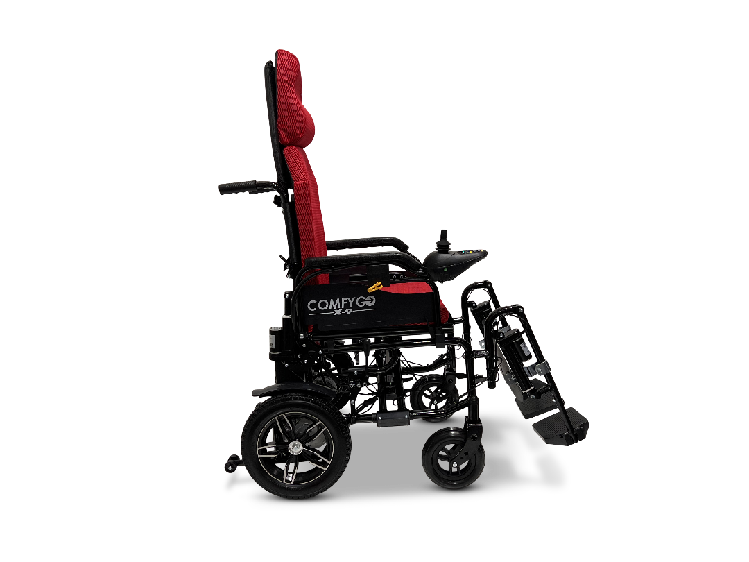 The ComfyGo X-9 Remote Controlled Powerchair features a red-cushioned seat with a black frame, complete with footrest, armrests, and right-side control panel, showcasing its sleek design and efficient functionality.
