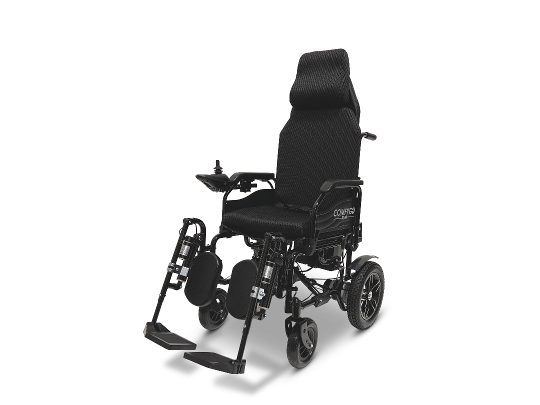 The ComfyGo X-9 Remote Controlled Powerchair offers a black padded seat and backrest with armrests, joystick control, and adjustable footrests. Its sturdy wheels and automatic reclining feature ensure optimal mobility and comfort for an excellent mobility solution.